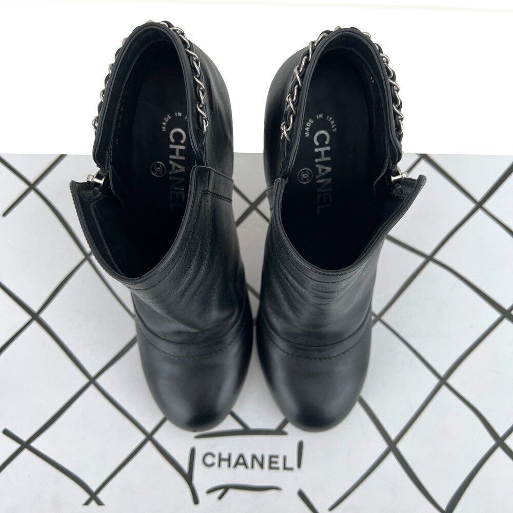 Chanel Lambskin Leather Chain Ankle Heel Boots in Black Size 41C - Picture 9 of 14